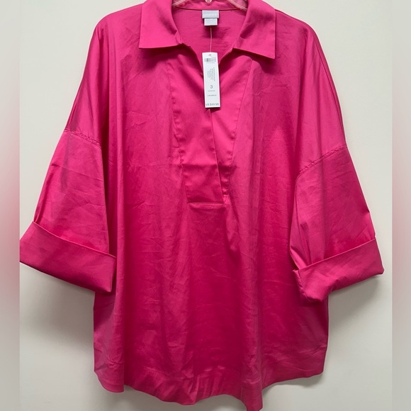 Chico's Women’s XL 3 Top Shirt 3/4 Sleeve V Neck Dolman Popover Pink Poplin - Picture 1 of 7